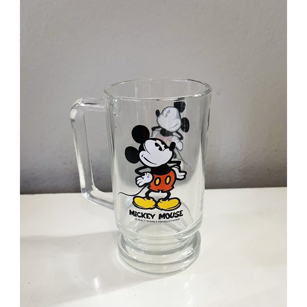 VINTAGE WALT DISNEY MICKEY MOUSE TALL CLEAR GLASS ROOT BEER MUG 5 1/2" H